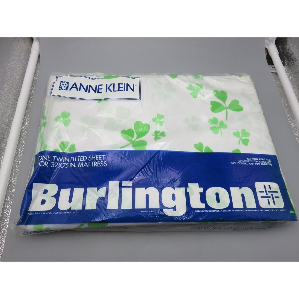 Vintage Anne Klein Burlington Twin Fitted Sheet Shamrock Clover Green White New